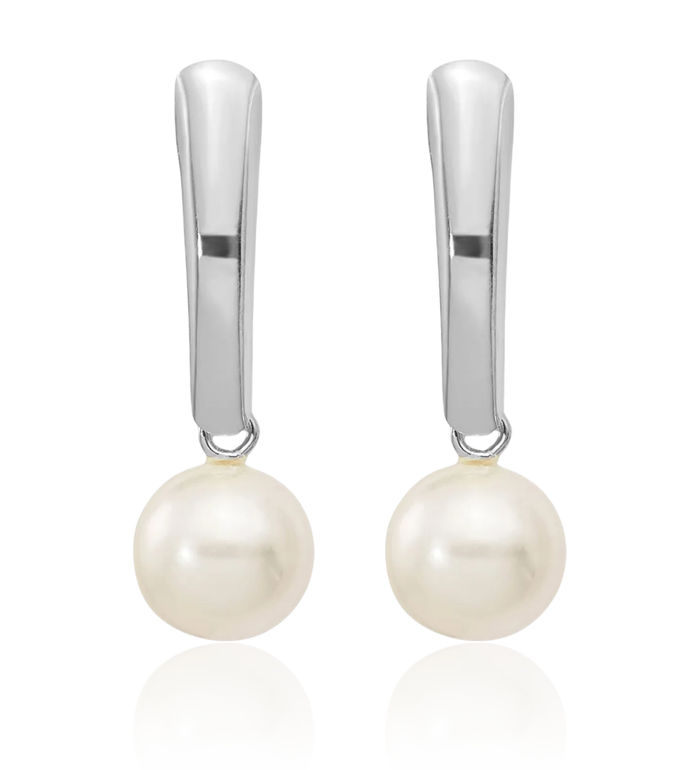 14K Solid White Gold 6mm Round Freshwater Cultured Pearl Post Drop Dangle Earrings