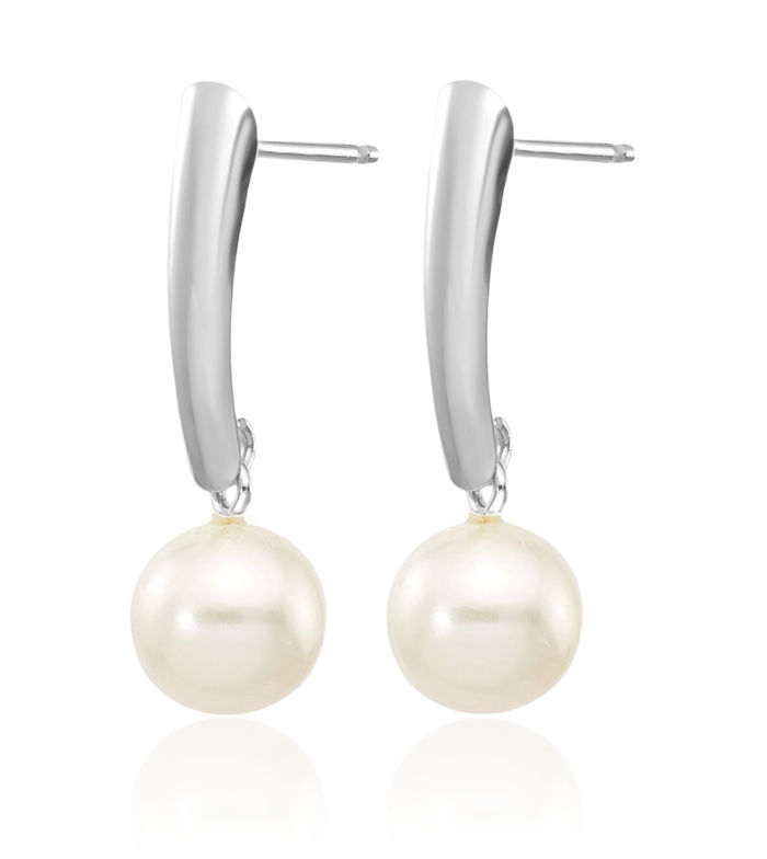 14K Solid White Gold 6mm Round Freshwater Cultured Pearl Post Drop Dangle Earrings