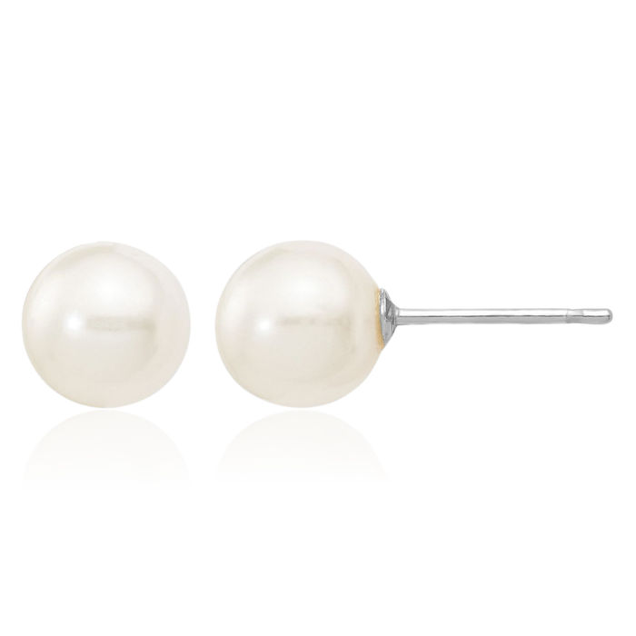 14K Solid White Gold 6mm Round Freshwater Cultured Pearl Stud Earrings