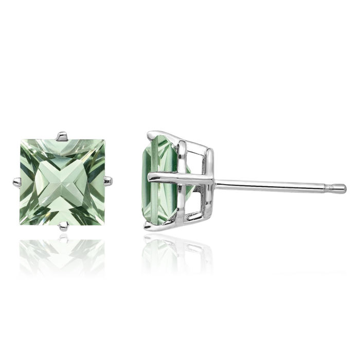 14K Solid White Gold 6mm Square Green Quartz Studs Gemstone Solitaire Earrings August Birthstone Jewelry