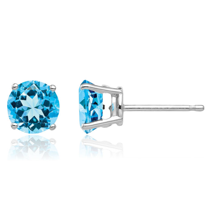 14K Solid White Gold 6mm Swiss Blue Topaz Studs Gemstone Solitaire Earrings December Birthstone Jewelry