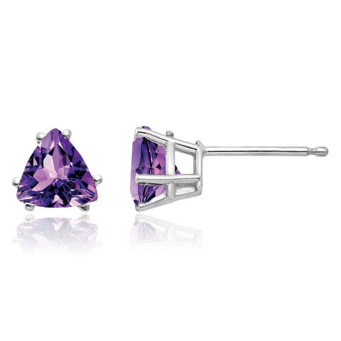 14K Solid White Gold 6mm Trillion Purple Amethyst Studs Gemstone Solitaire Earrings February Birthstone Jewelry