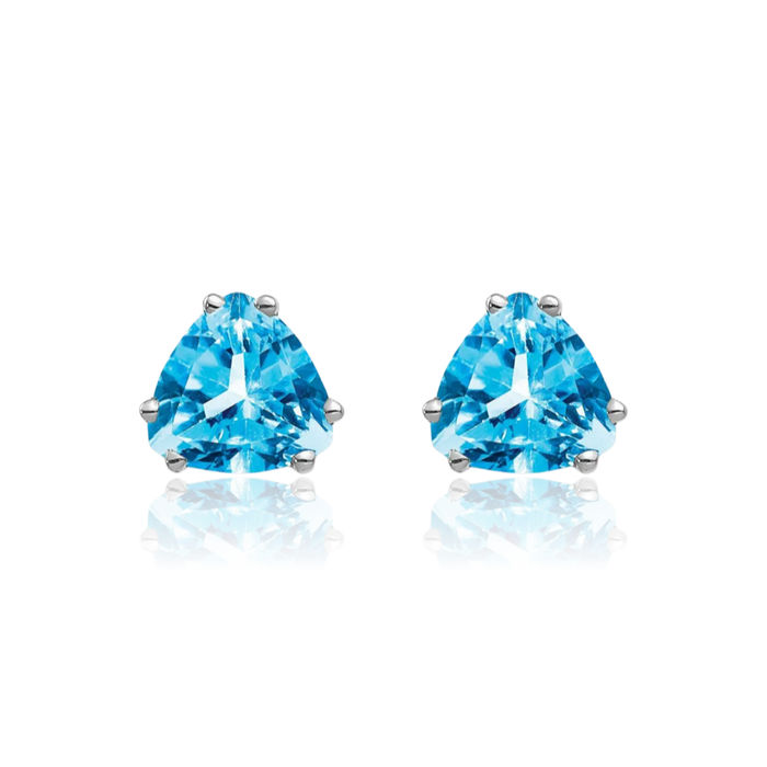 14K Solid White Gold 6mm Trillion Swiss Blue Topaz Studs Gemstone Solitaire Earrings December Birthstone Jewelry