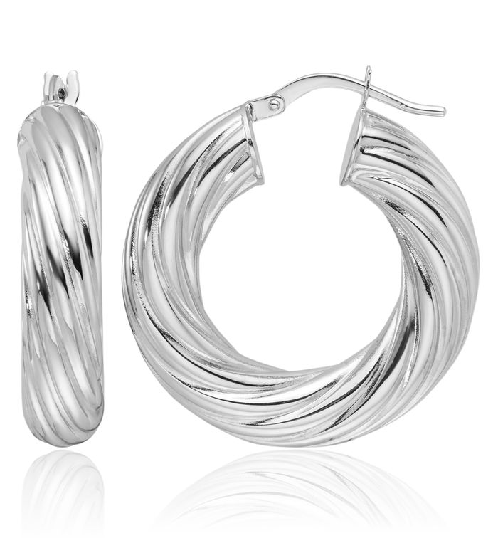 14K Solid White Gold 6mm Twisted Round Medium Hoop Earrings