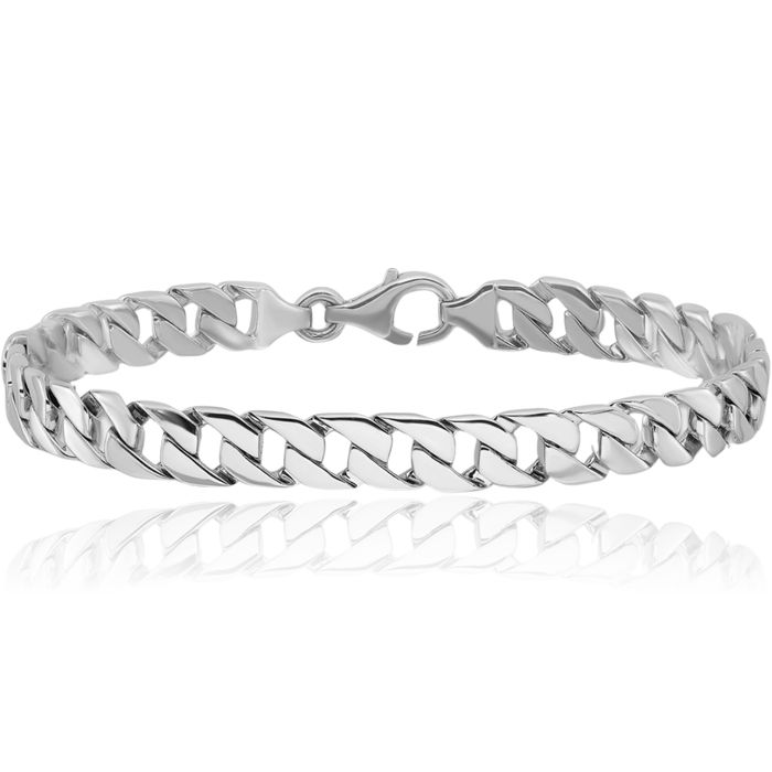 14K Solid White Gold 7.4mm Curb Link Chain Bracelet