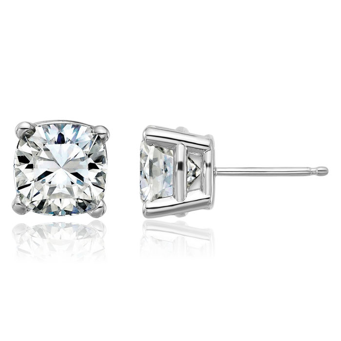 14K Solid White Gold 7.5mm Cushion-Cut Solitaire Moissanite Stud Earrings