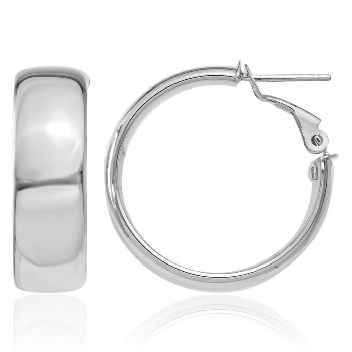 14K Solid White Gold 7.75mm Omega Clip Back Post Round Medium Hoop Earrings