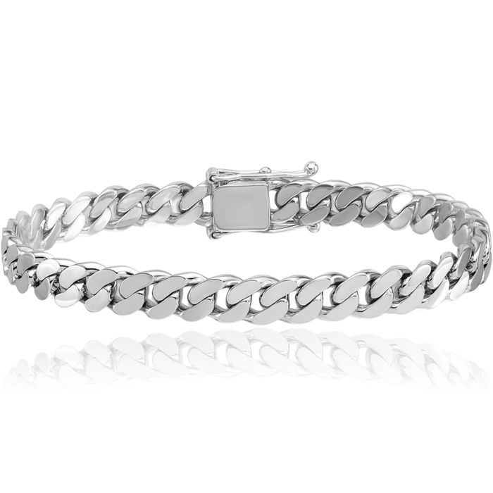 14K Solid White Gold 7.7mm Curb Link Chain Bracelet