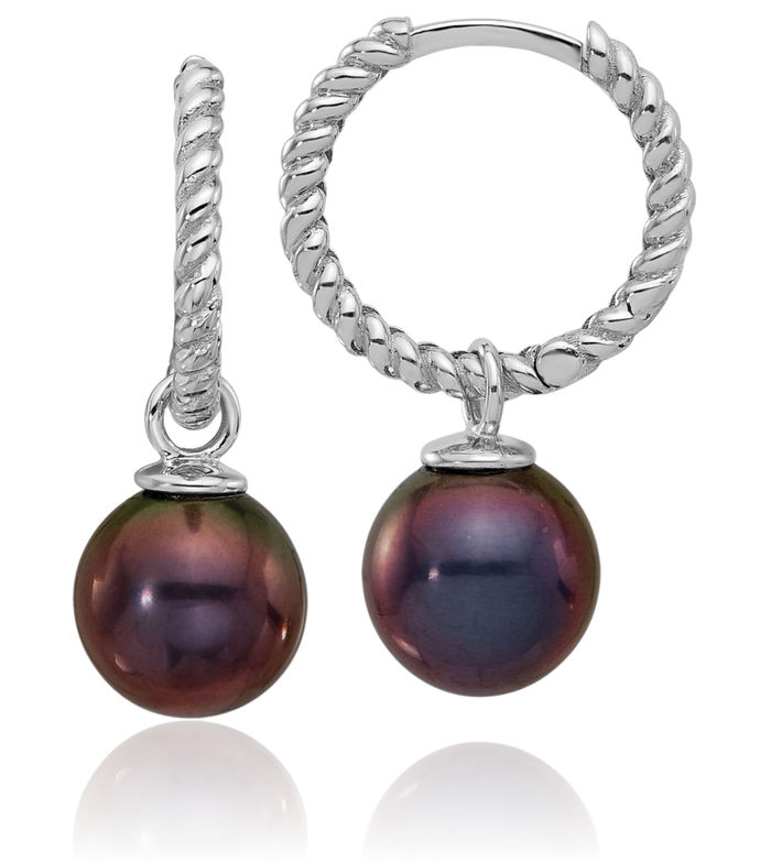 14K Solid White Gold 7mm Black Freshwater Cultured Pearl Removable Medium Endless Hoop Drop Dangle Earrings