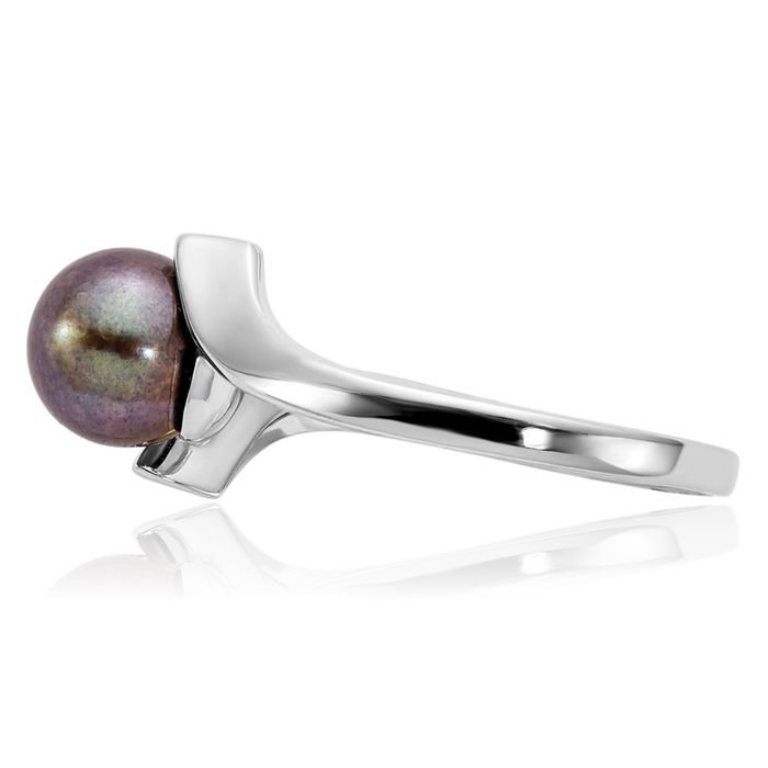 14K Solid White Gold 7mm Black Freshwater Cultured Pearl Statement Ring