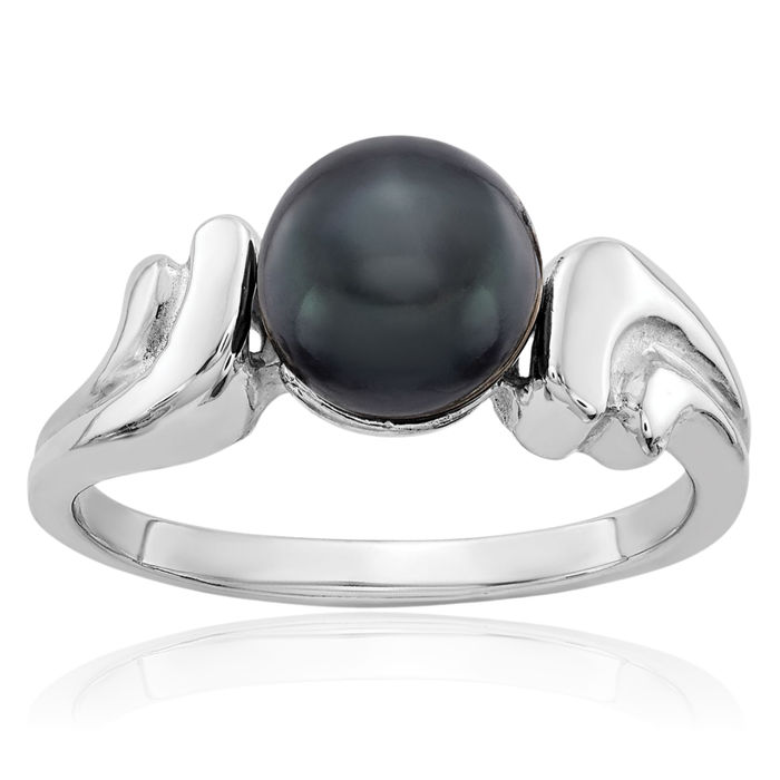 14K Solid White Gold 7mm Black Freshwater Cultured Pearl Statement Ring