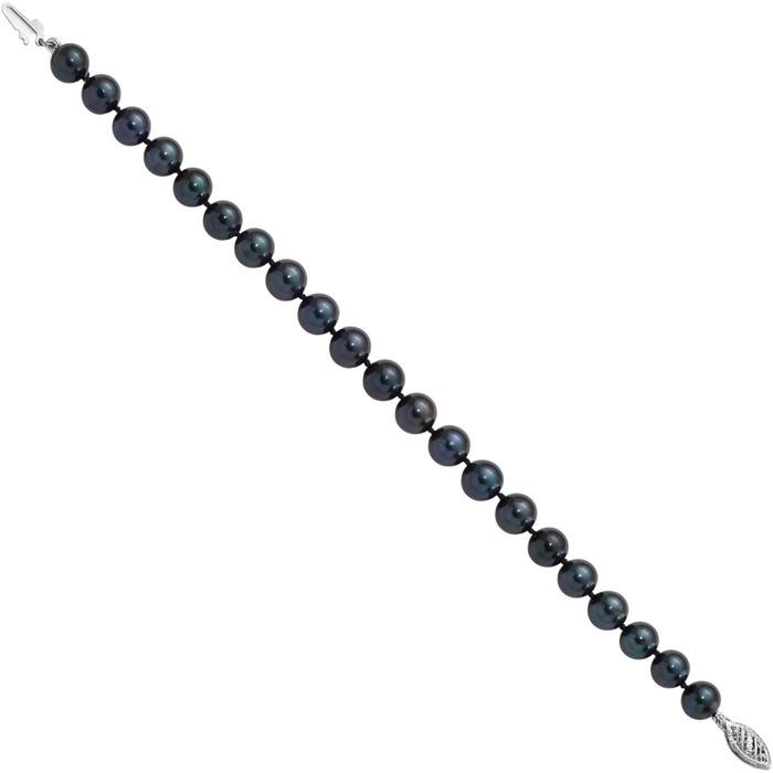 14K Solid White Gold 7mm Black Round Akoya Saltwater Cultured Pearl Chain Bracelet