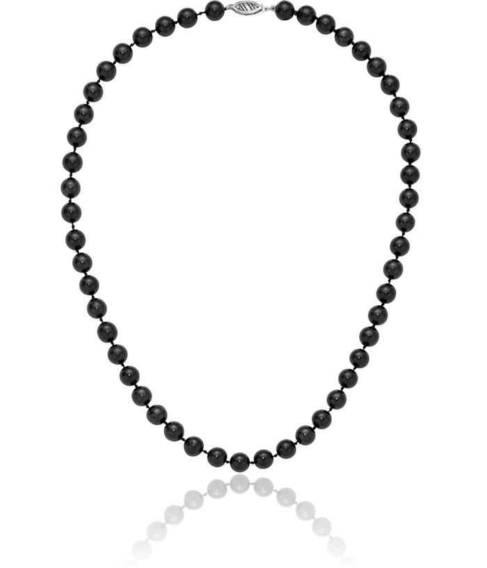 14K Solid White Gold 7mm Black Round Akoya Saltwater Cultured Pearl Necklace Chain