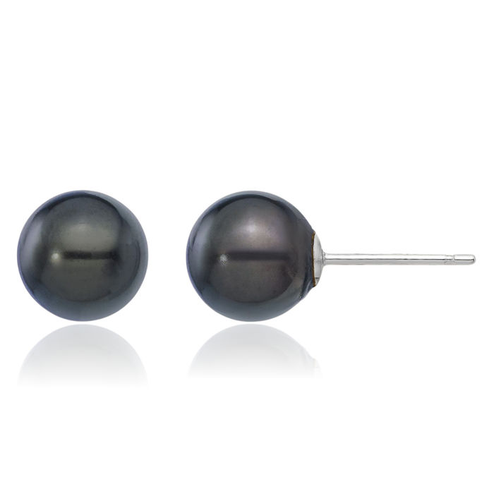 14K Solid White Gold 7mm Black Round Akoya Saltwater Cultured Pearl Stud Earrings