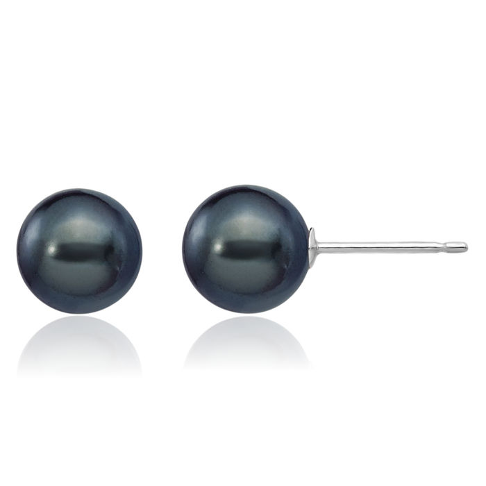 14K Solid White Gold 7mm Black Round Freshwater Cultured Pearl Stud Earrings