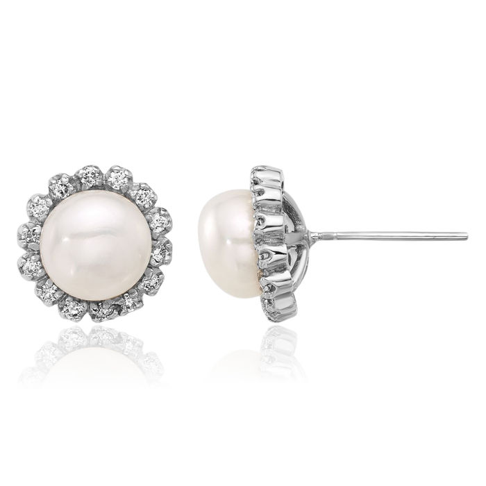 14K Solid White Gold 7mm Button Freshwater Cultured Pearl Diamond Stud Earrings