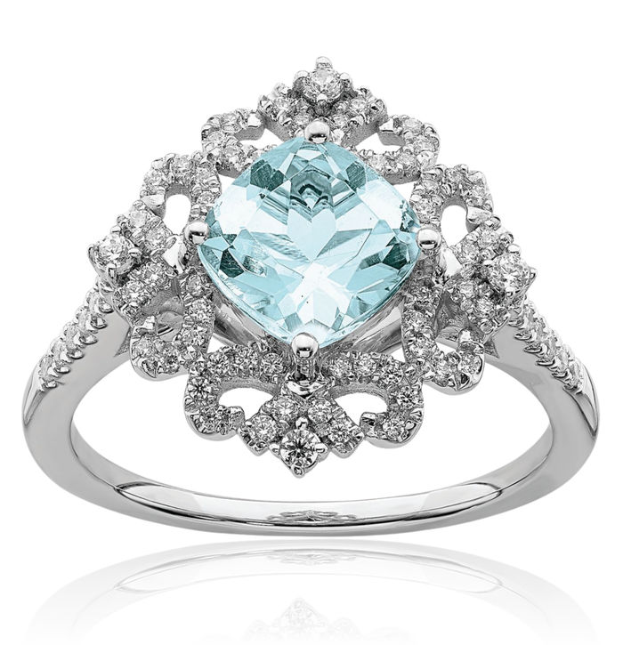 14K Solid White Gold Vintage 7mm Cushion-Cut Blue Aquamarine Diamond Engagement Ring Gemstone Band