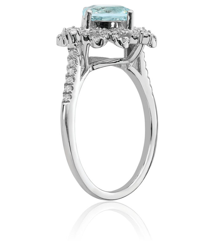 14K Solid White Gold Vintage 7mm Cushion-Cut Blue Aquamarine Diamond Engagement Ring Gemstone Band