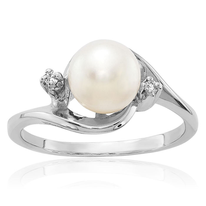 14K Solid White Gold 7mm Freshwater Cultured Pearl Diamond Ring