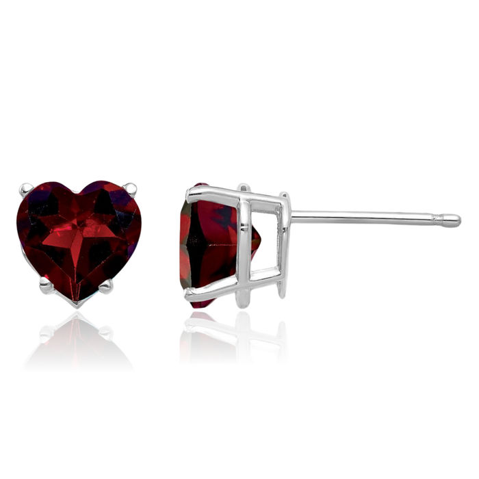 14K Solid White Gold 7mm Heart Red Garnet Studs Gemstone Earrings January Birthstone Jewelry