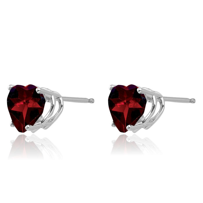 14K Solid White Gold 7mm Heart Red Garnet Studs Gemstone Earrings January Birthstone Jewelry