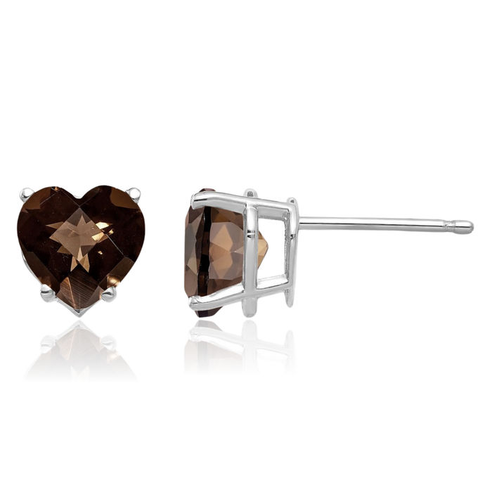 14K Solid White Gold 7mm Heart Checker Cut Brown Smoky Quartz Studs Gemstone Earrings June Birthstone Jewelry