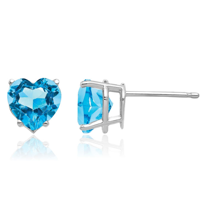 14K Solid White Gold 7mm Heart Swiss Blue Topaz Studs Gemstone Earrings December Birthstone Jewelry