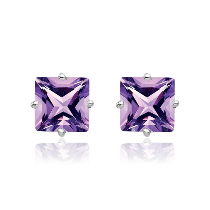 14K Solid White Gold 7mm Princess-Cut Square Purple Amethyst Studs Gemstone Solitaire Earrings February Birthstone Jewelry