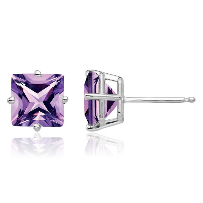 14K Solid White Gold 7mm Princess-Cut Square Purple Amethyst Studs Gemstone Solitaire Earrings February Birthstone Jewelry