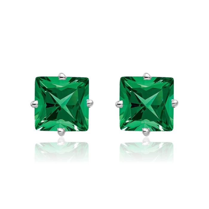 14K Solid White Gold 7mm Princess-Cut Square Mount Saint Helens Green Helenite Studs Gemstone Solitaire Earrings