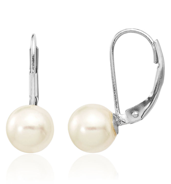 14K Solid White Gold 7mm Round Akoya Saltwater Cultured Pearl Drop Dangle Earrings