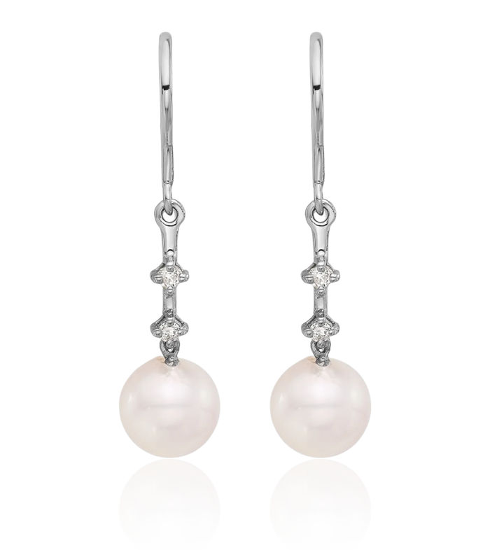 14K Solid White Gold 7mm Round Akoya Saltwater Cultured Pearl Diamond Drop Dangle Earrings