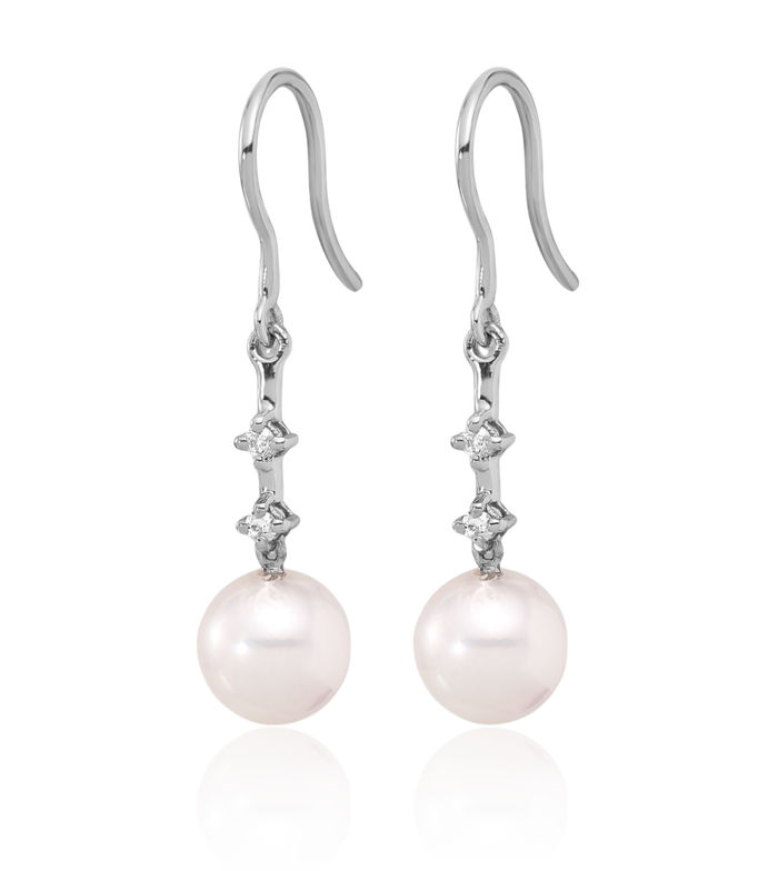 14K Solid White Gold 7mm Round Akoya Saltwater Cultured Pearl Diamond Drop Dangle Earrings