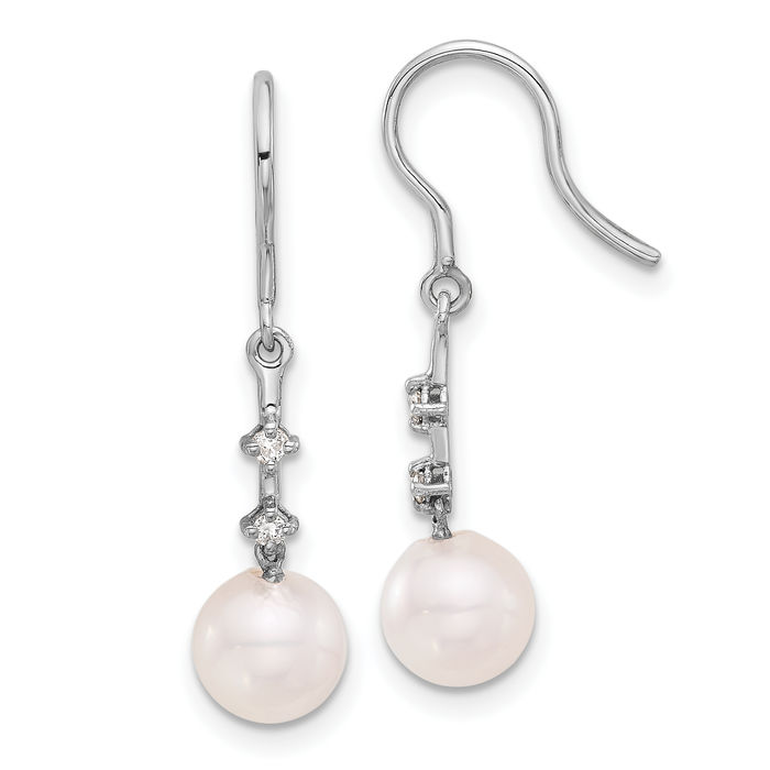 14K Solid White Gold 7mm Round Akoya Saltwater Cultured Pearl Diamond Drop Dangle Earrings