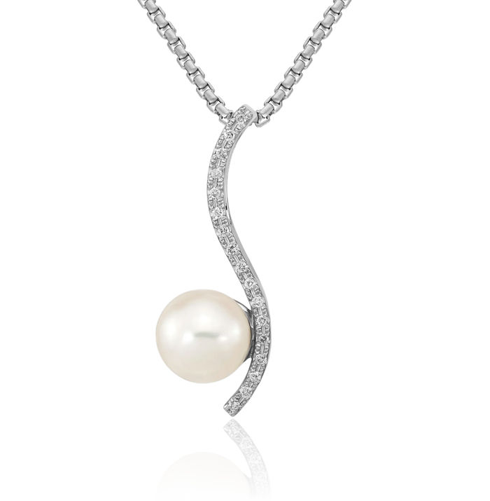 14K Solid White Gold 7mm Round Akoya Saltwater Cultured Pearl Diamond Floating Chain Slide Pendant Necklace Charm