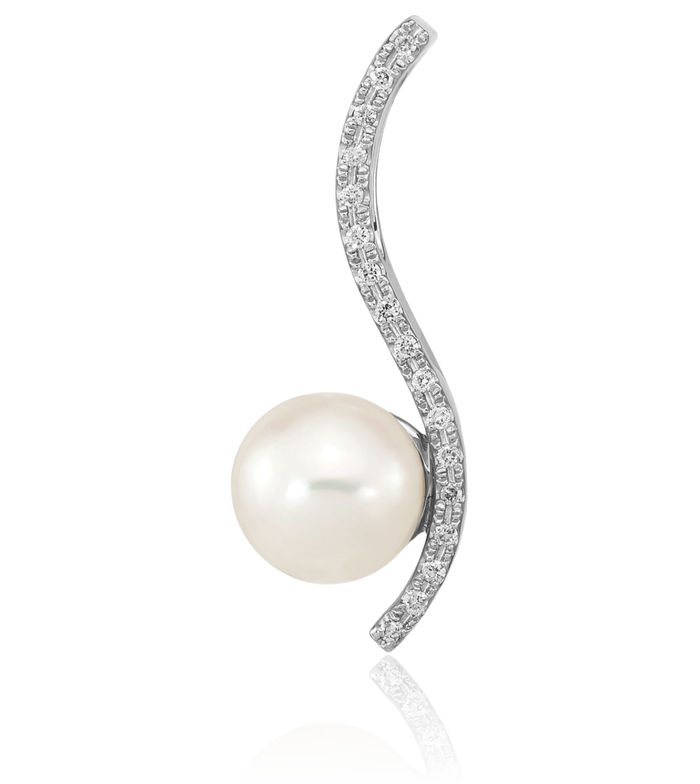 14K Solid White Gold 7mm Round Akoya Saltwater Cultured Pearl Diamond Floating Chain Slide Pendant Necklace Charm