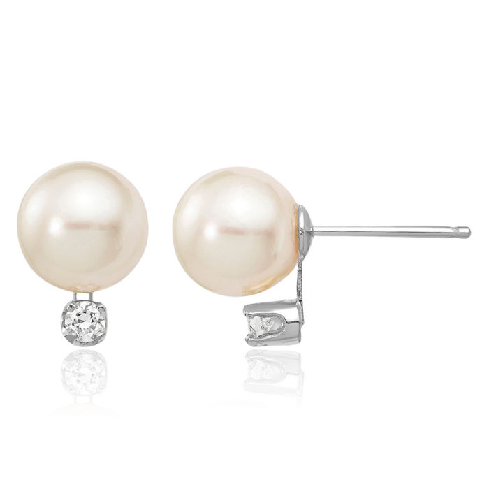 14K Solid White Gold 7mm Round Akoya Saltwater Cultured Pearl .10 Diamond Stud Earrings