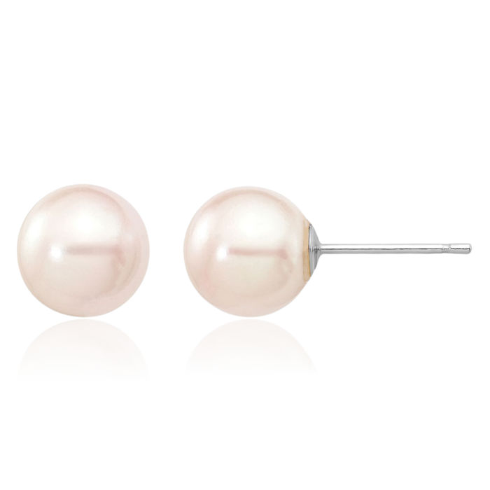 14K Solid White Gold 7mm Round Akoya Saltwater Cultured Pearl Stud Earrings