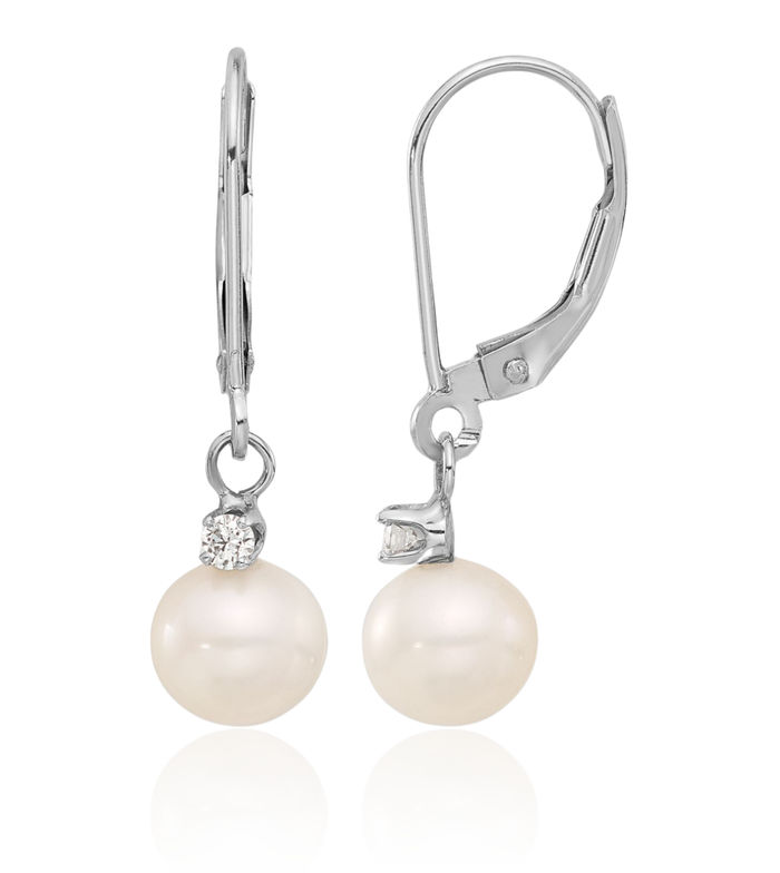 14K Solid White Gold 7mm Round Freshwater Cultured Pearl .10 Diamond Drop Dangle Earrings