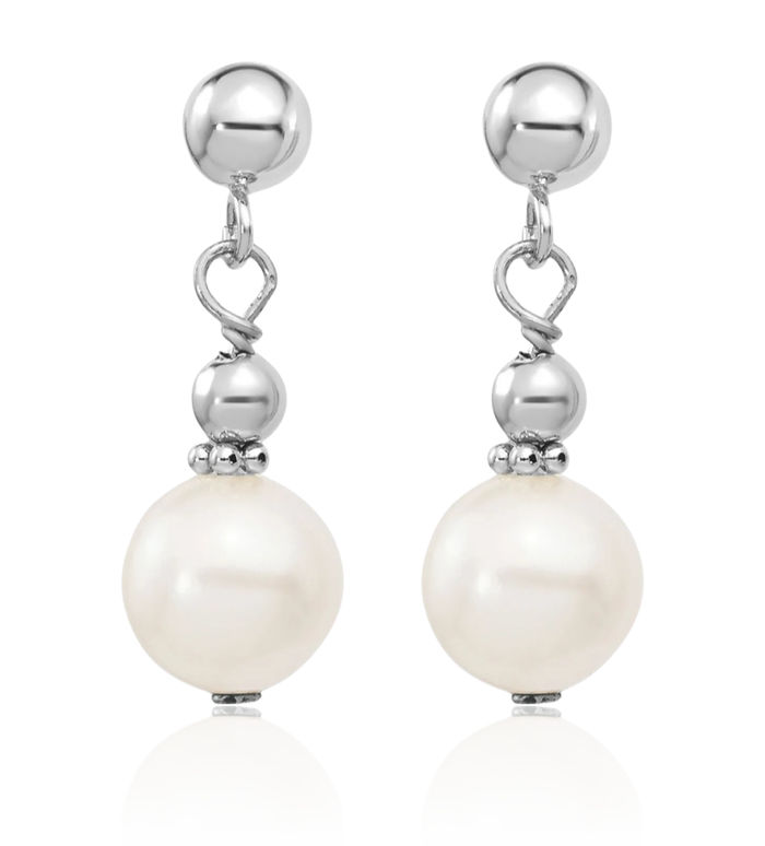 14K Solid White Gold 7mm Round Freshwater Cultured Pearl Post Drop Dangle Earrings