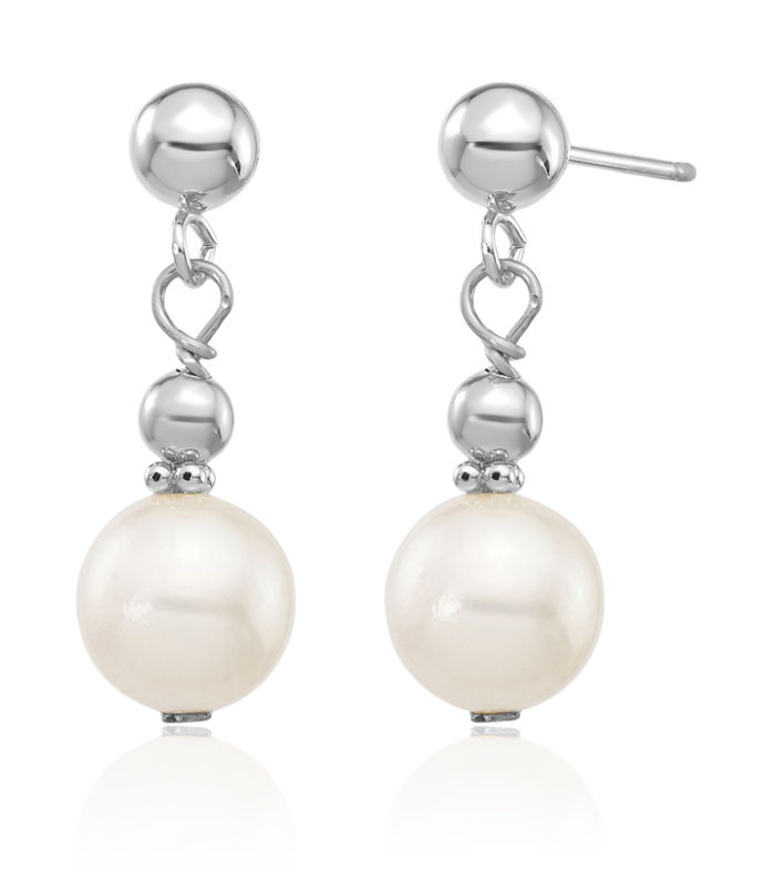 14K Solid White Gold 7mm Round Freshwater Cultured Pearl Post Drop Dangle Earrings