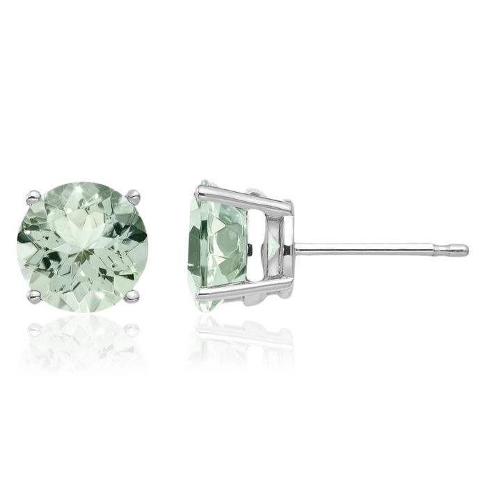 14K Solid White Gold 7mm Round Green Quartz Studs Gemstone Solitaire Earrings August Birthstone Jewelry