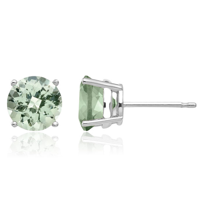 14K Solid White Gold 7mm Round Checker Cut Green Quartz Studs Gemstone Earrings August Birthstone Jewelry