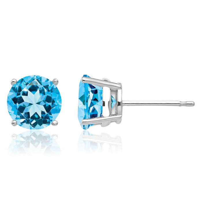 14K Solid White Gold 7mm Swiss Blue Topaz Studs Gemstone Solitaire Earrings December Birthstone Jewelry