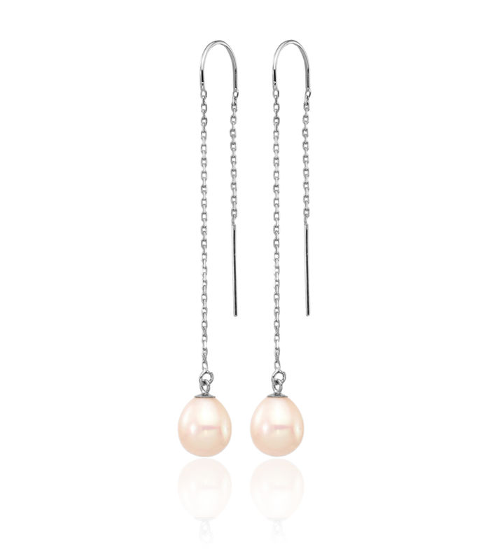 14K Solid White Gold 7mm Teardrop Freshwater Cultured Pearl Threader Drop Dangle Earrings