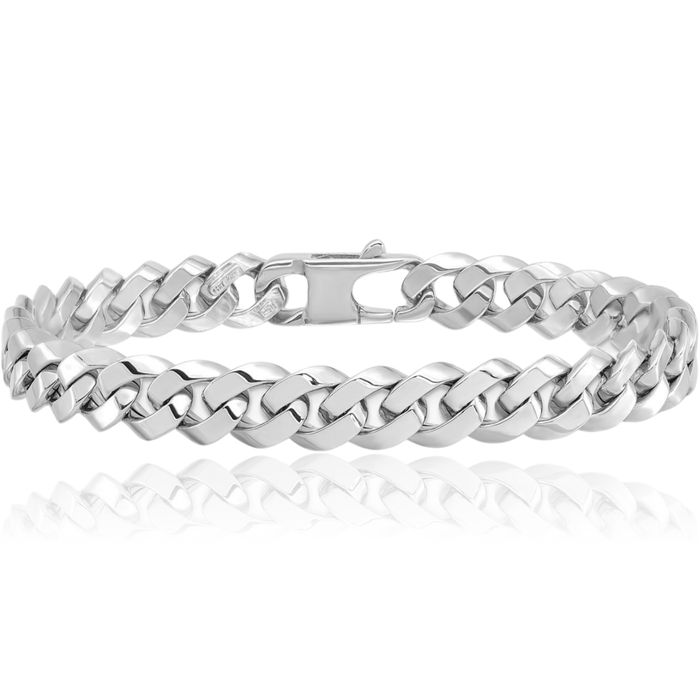 14K Solid White Gold 8.5mm Curb Link Chain Bracelet