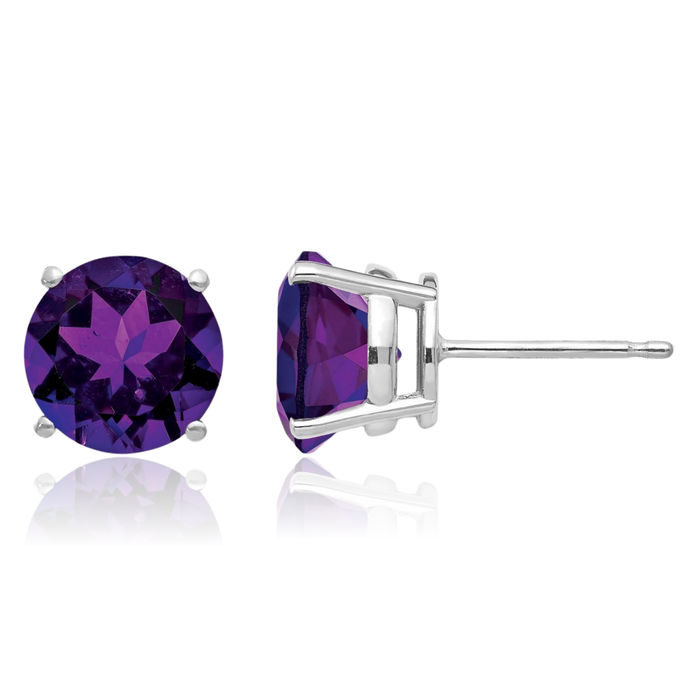 14K Solid White Gold 8mm Purple Amethyst Studs Gemstone Solitaire Earrings February Birthstone Jewelry