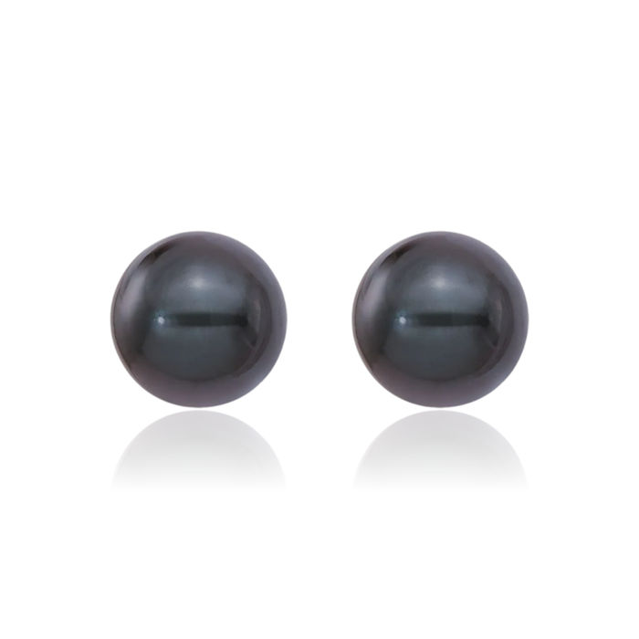 14K Solid White Gold 8mm Black Round Akoya Saltwater Cultured Pearl Stud Earrings