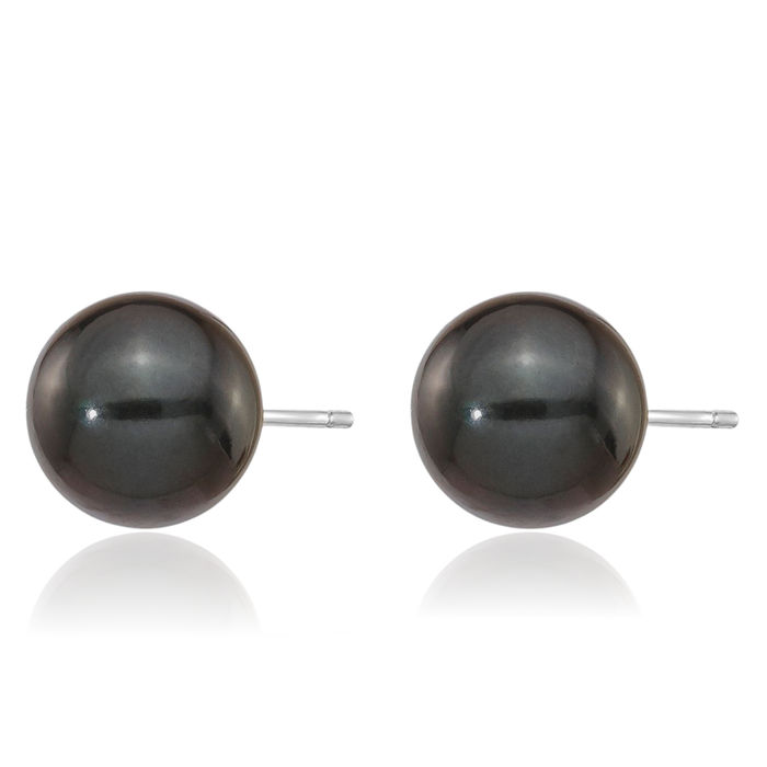 14K Solid White Gold 8mm Black Round Akoya Saltwater Cultured Pearl Stud Earrings