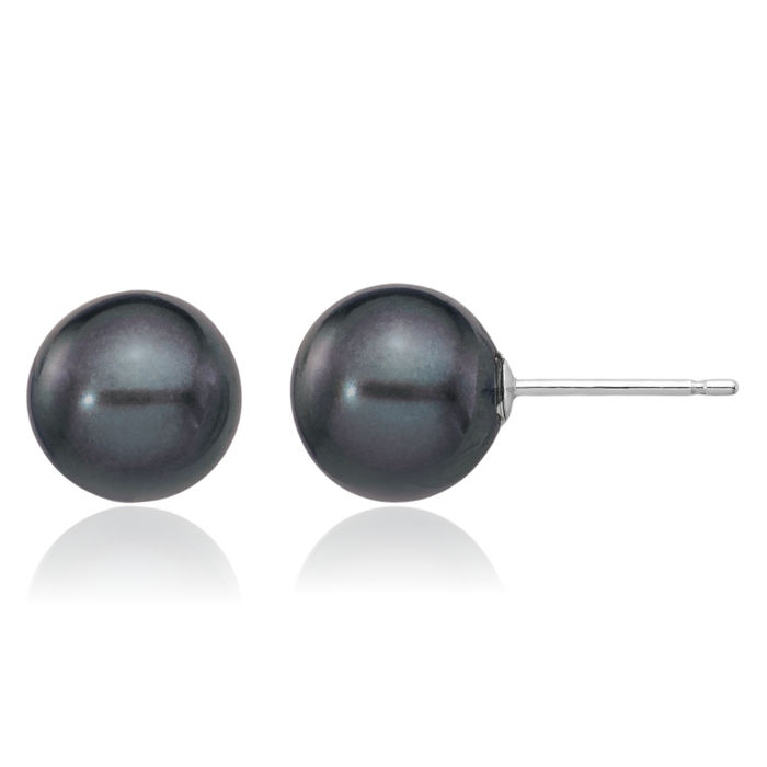 14K Solid White Gold 8mm Black Round Freshwater Cultured Pearl Stud Earrings